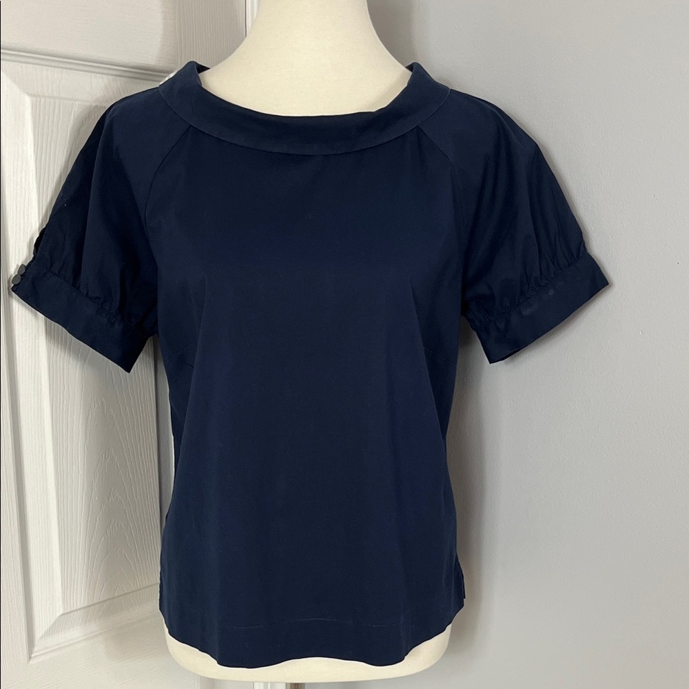 Ann Taylor Factory Short Sleeve Navy Polin Blouse
